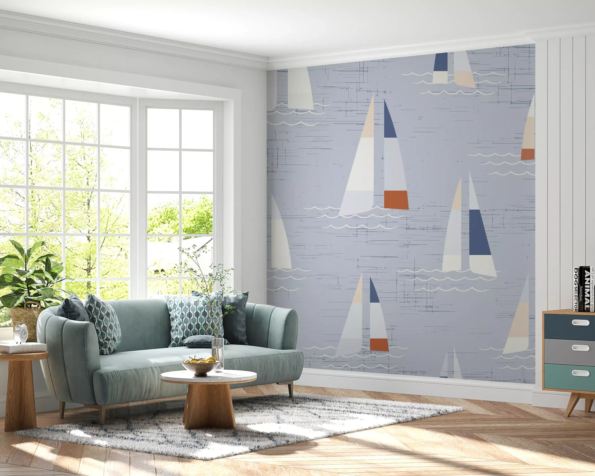 Quiet water and tilted sails play through Mid Century Sailboats wall mural.
