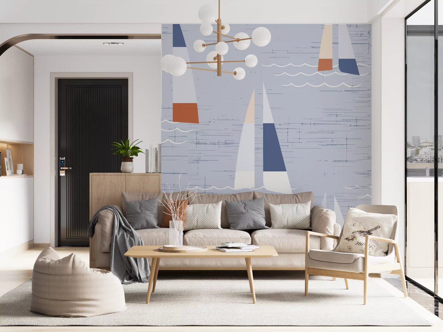 Painted boats line the Living room across this Mid Century Coastal Blue wall mural.