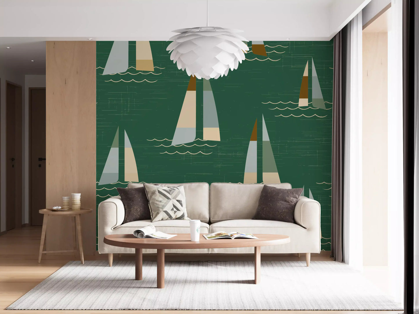 Beige, rust and sage sails ride a green base on the Coastal Sailboats wall mural.