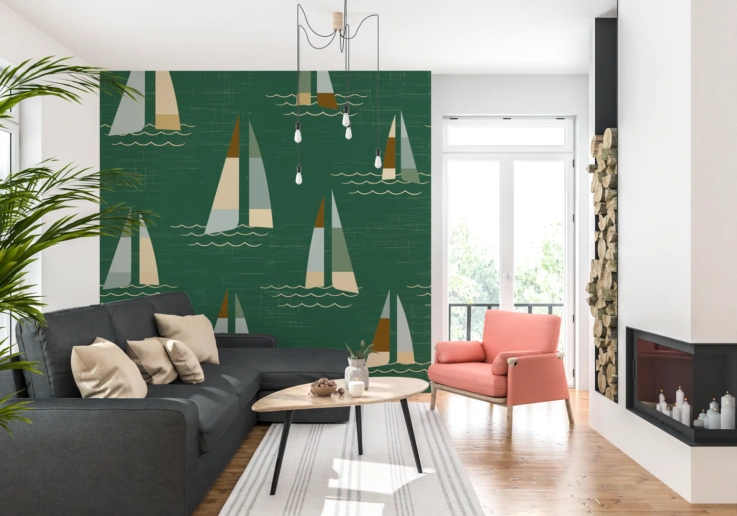 A thin linen feel flows across the green base of the Coastal Green Sailboats wall mural.
