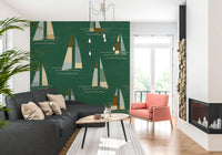 A thin linen feel flows across the green base of the Coastal Green Sailboats wall mural.