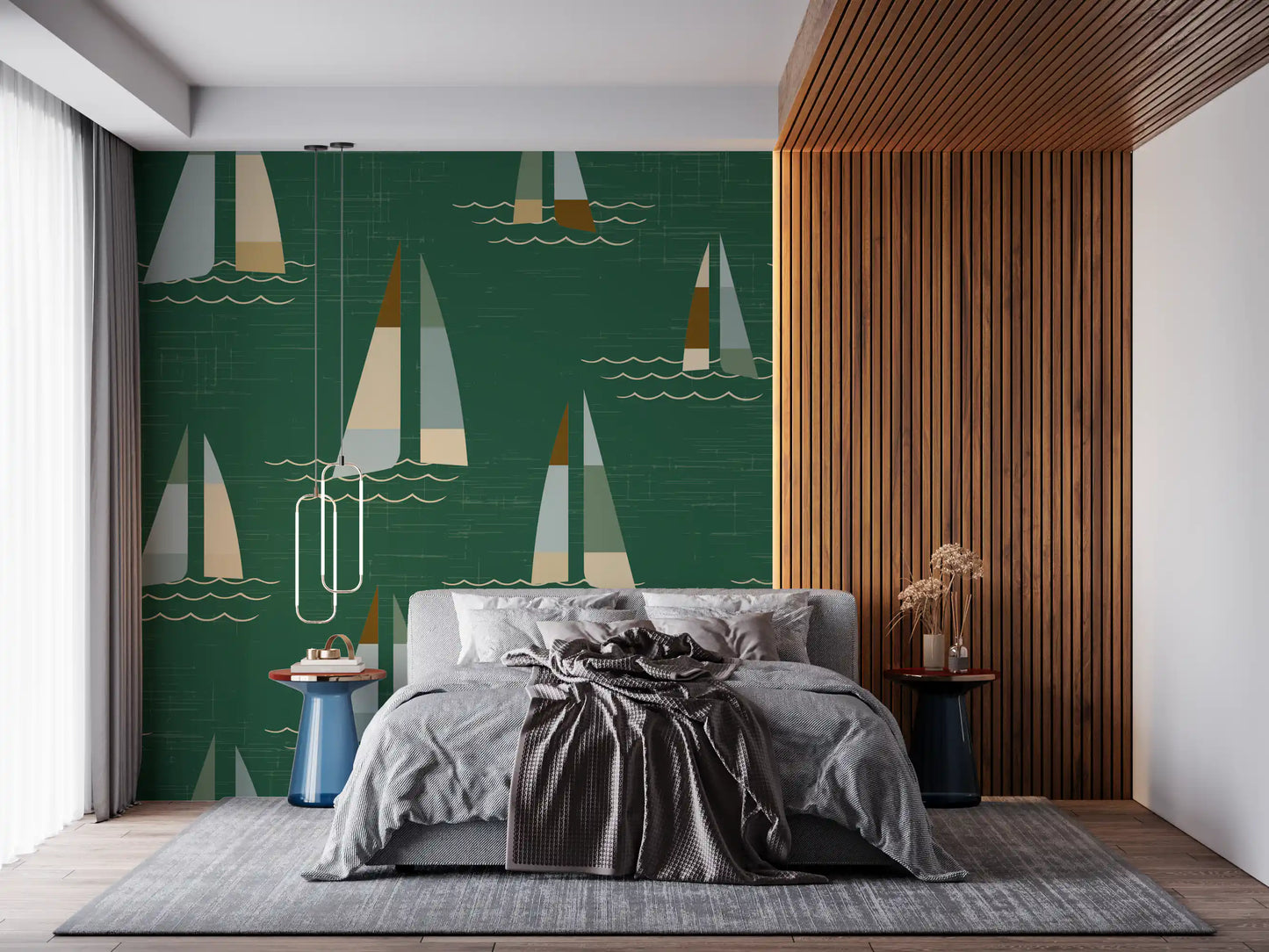 Mid Century Sailboats Coastal Green wall mural blends rust, ochre and cream sails.