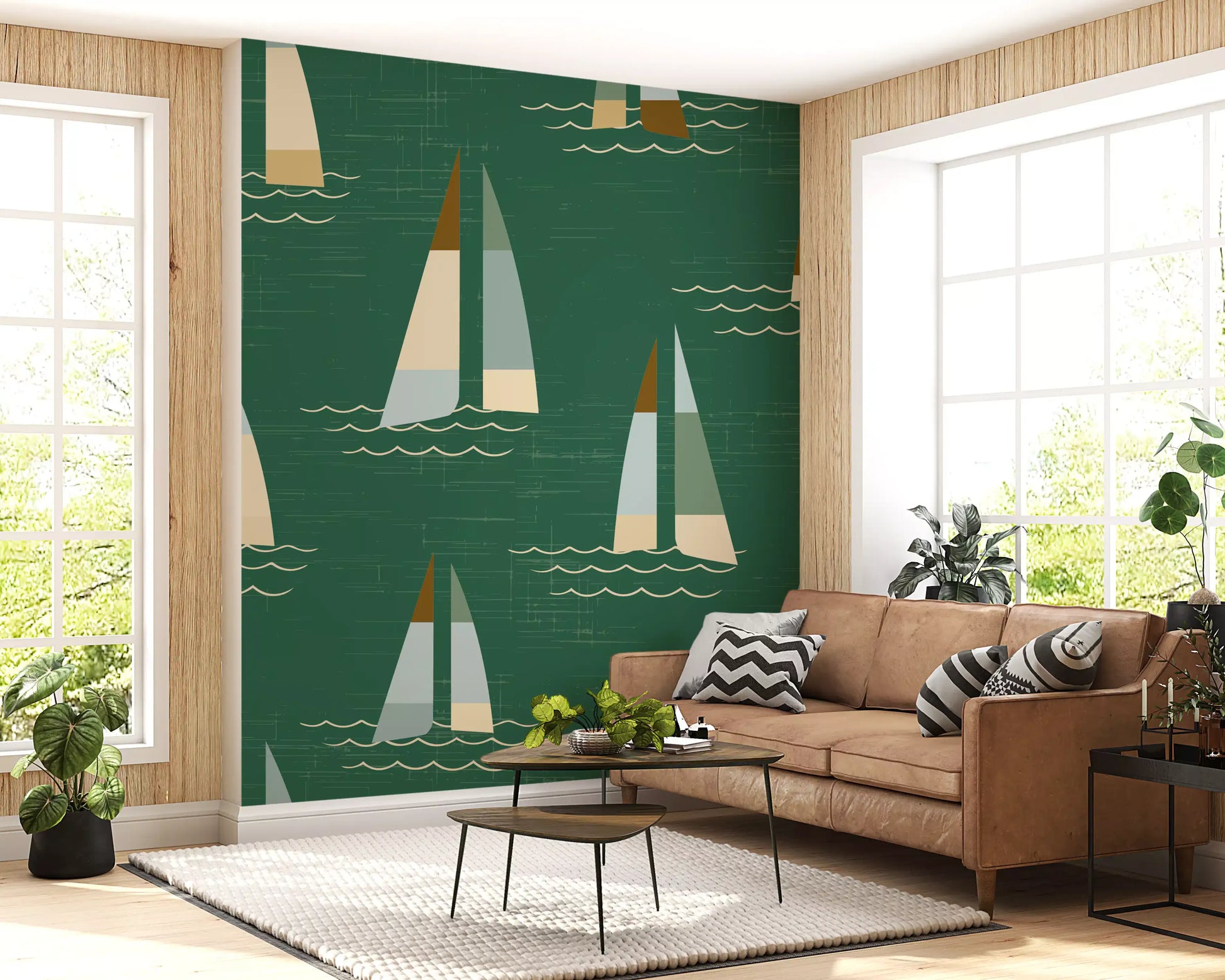 Mid Century Sailboats Coastal wall mural spreads over a Living room feature area.