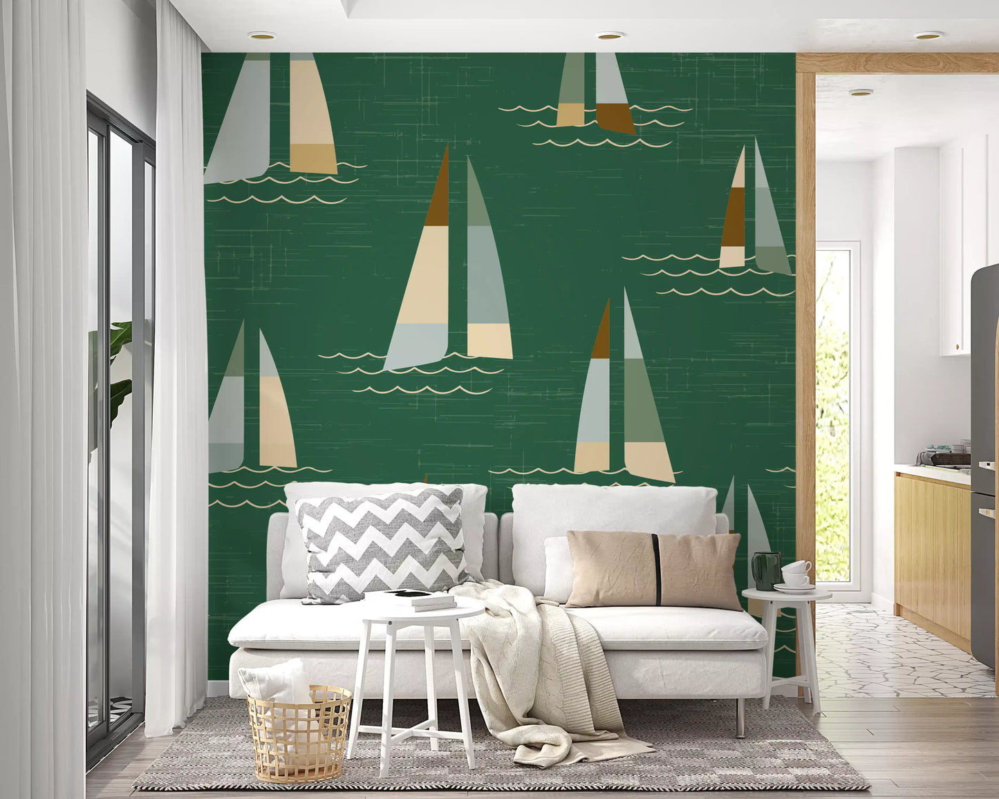 Pair the Sailboats Coastal Green wall mural with a living room nook for relaxed boats