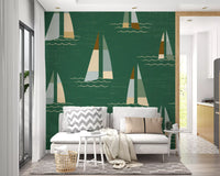 Pair the Sailboats Coastal Green wall mural with a living room nook for relaxed boats