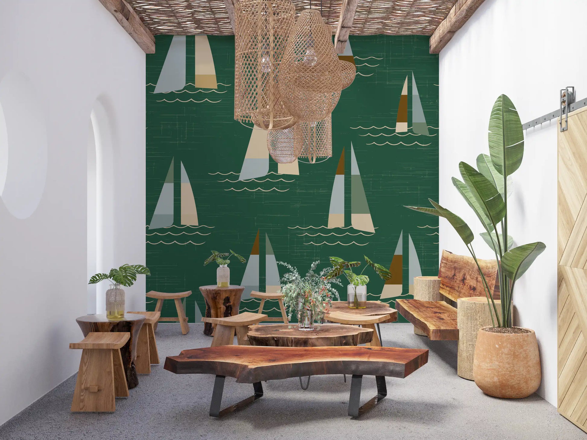 Over a deep green ground, the Mid Century Sailboats wall mural opens up a hallway view