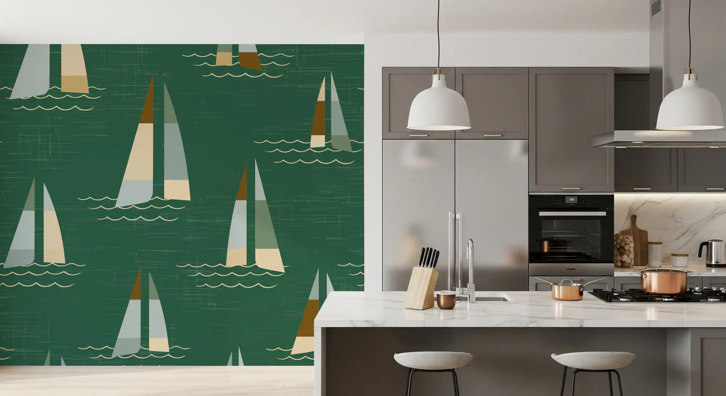 Stylised in sage and ochre, the Mid Century Coastal Green wall mural lifts a Kitchen spot.