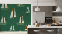 Stylised in sage and ochre, the Mid Century Coastal Green wall mural lifts a Kitchen spot.
