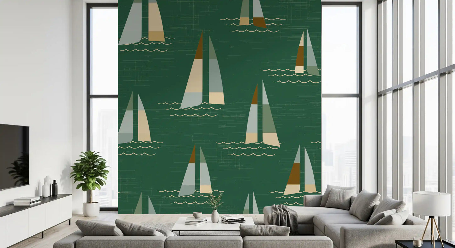 Linen waves run between small sails and boats on the Mid Century Sailboats wall mural.