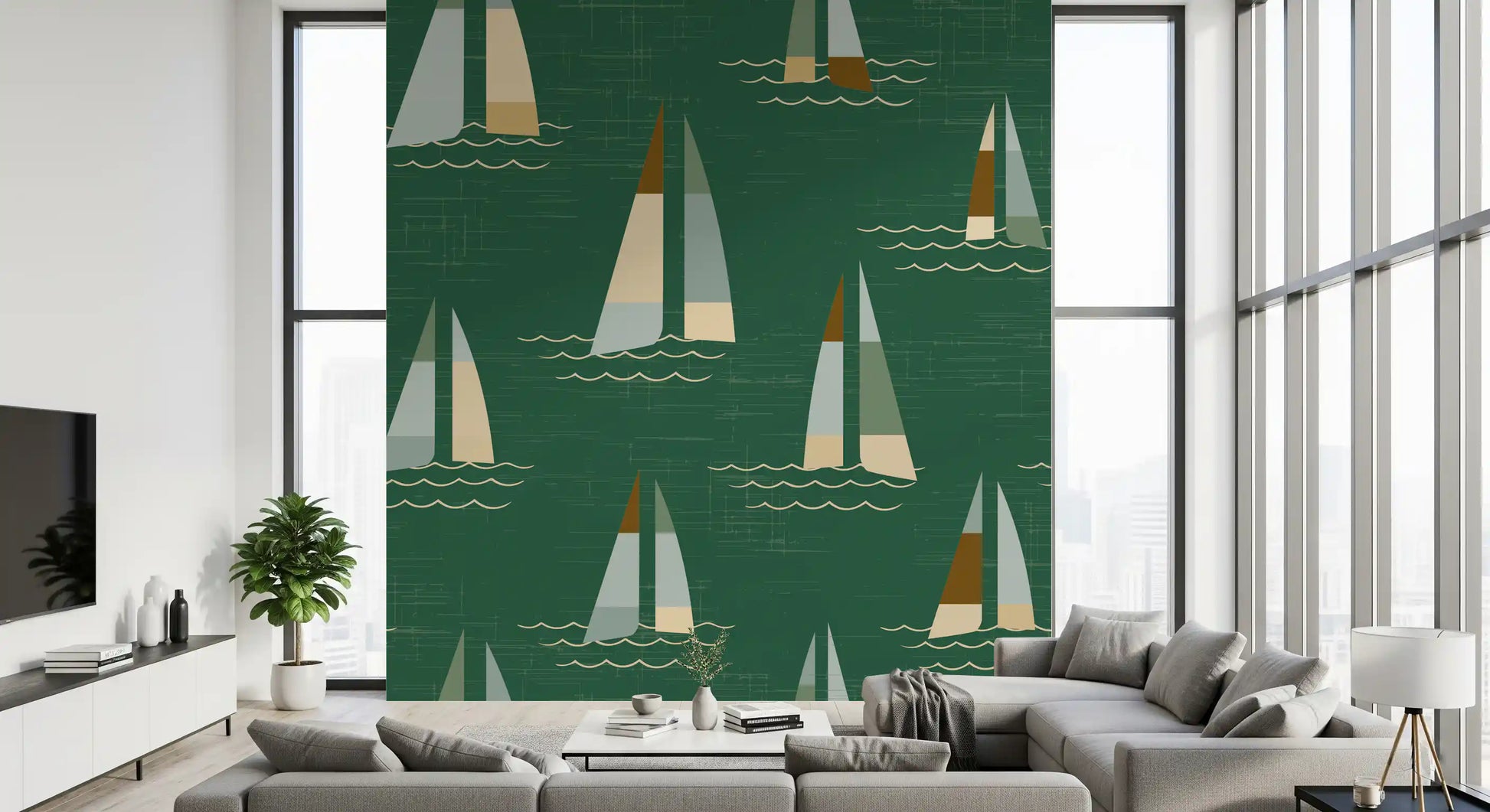 Linen waves run between small sails and boats on the Mid Century Sailboats wall mural.