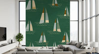 Linen waves run between small sails and boats on the Mid Century Sailboats wall mural.