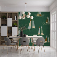 Cream and sage sails fill a kitchen corner across the Mid Century Coastal wall mural.