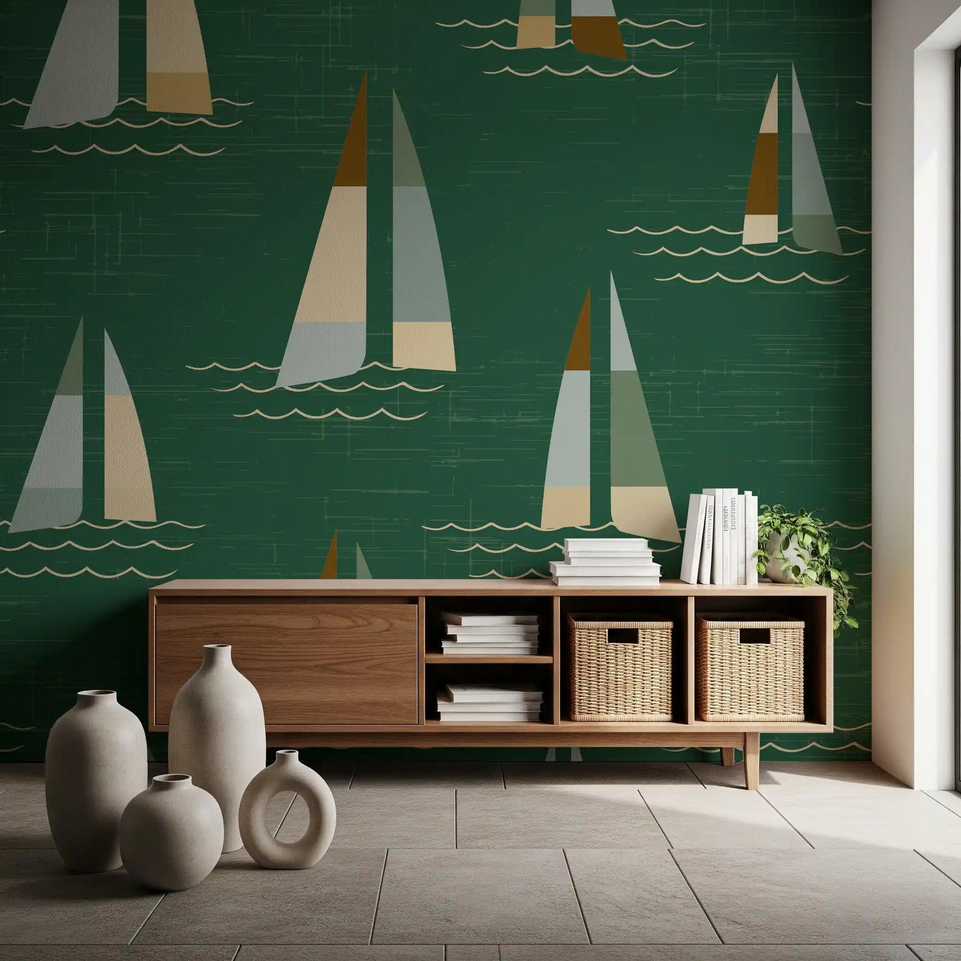A Hallway backdrops takes its tone from the Mid Century Coastal Green wall mural.