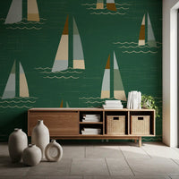 A Hallway backdrops takes its tone from the Mid Century Coastal Green wall mural.