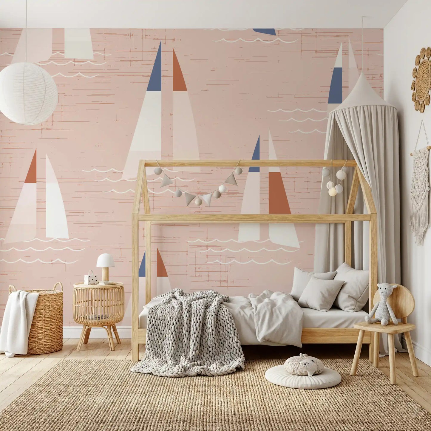 Pale ivory sails sit beside navy and rust accents on this Sailboats wall mural.