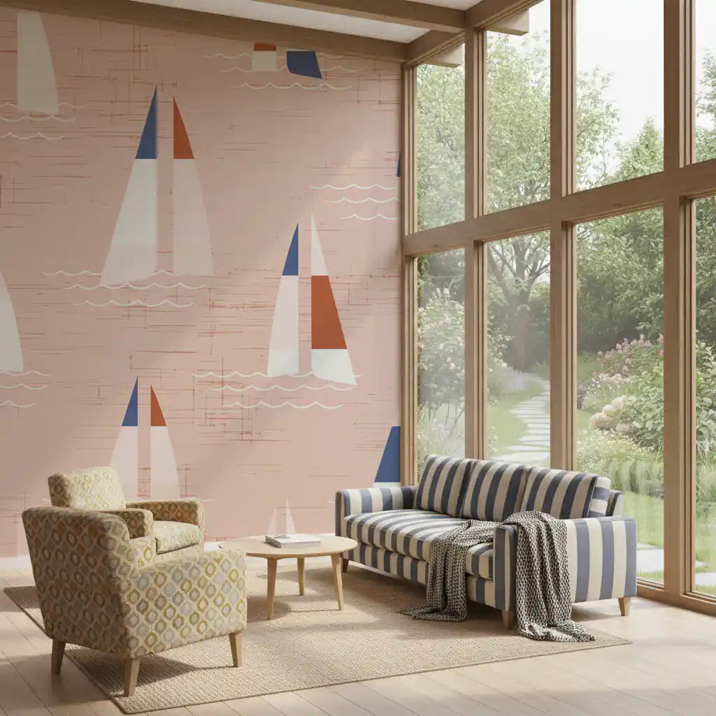 A coastal feel relaxes the living room thanks to the peach Sailboats wall mural.