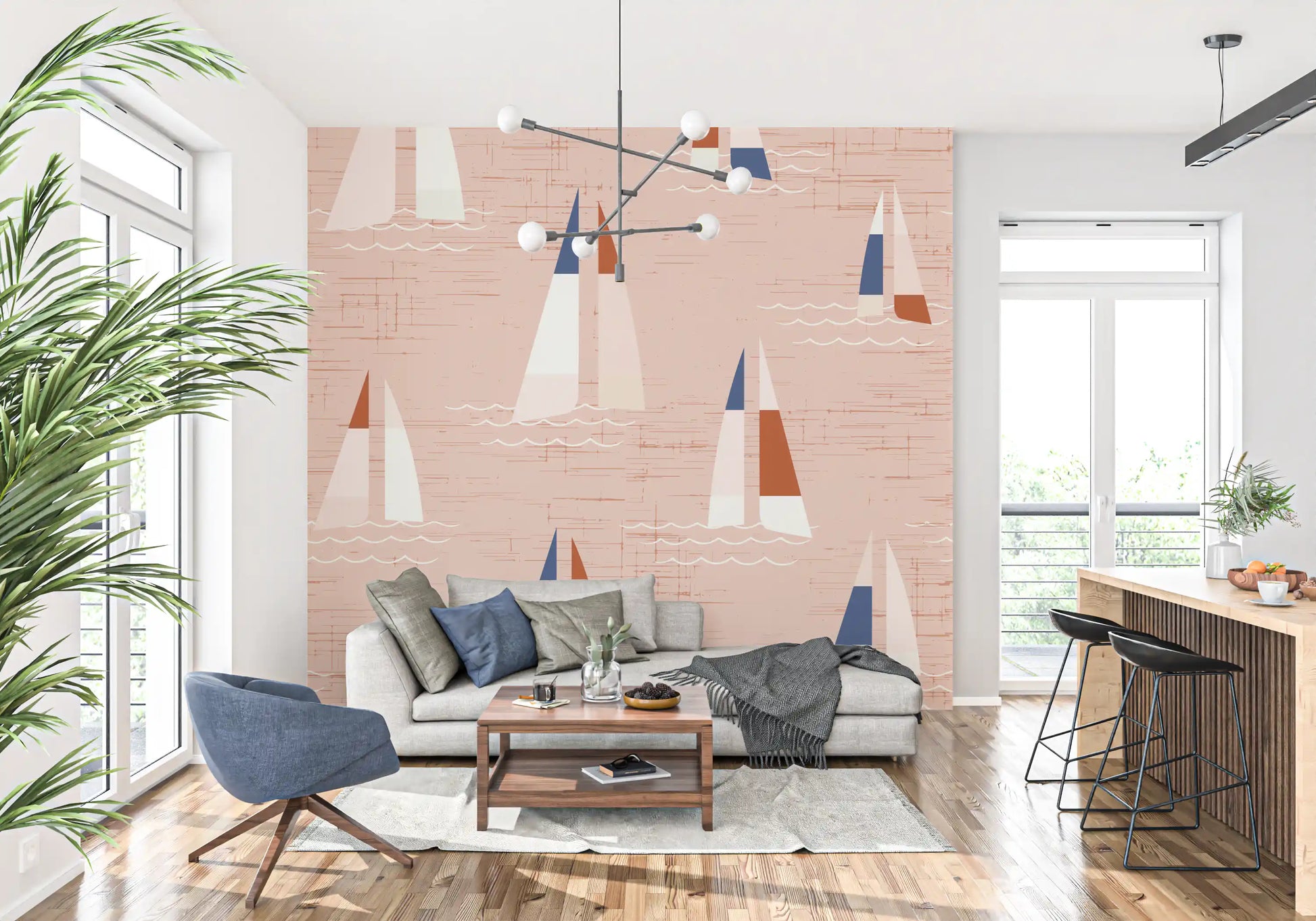 Wave lines dip below each boat, giving rhythm to the Mid Century Sailboats wall mural.