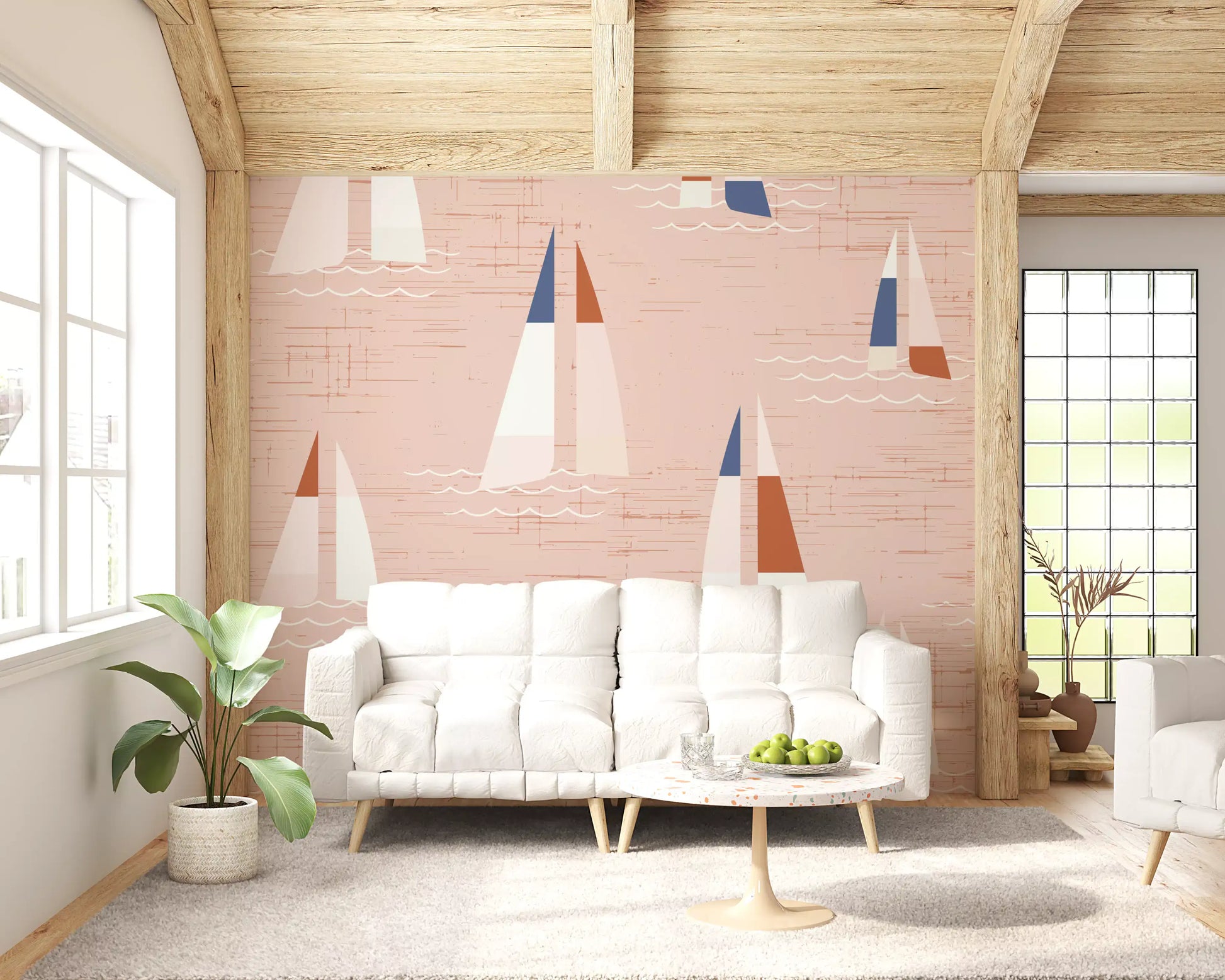 Sailboats Coastal Peach wall mural gives a Living room quiet mid century mood.