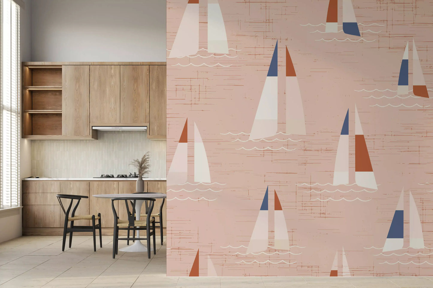 Kitchen-dining room takes on coastal calm with the Sailboats Warm Peach wall mural.