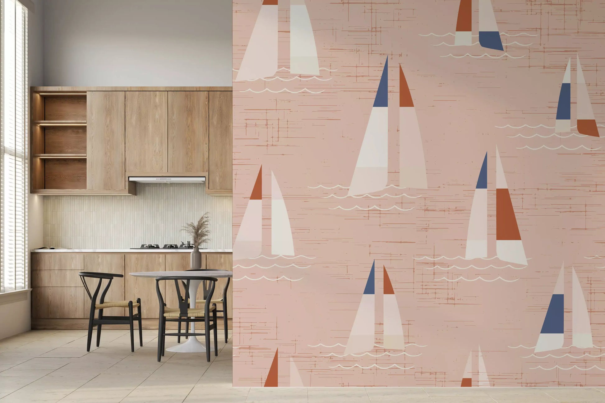 Kitchen-dining room takes on coastal calm with the Sailboats Warm Peach wall mural.