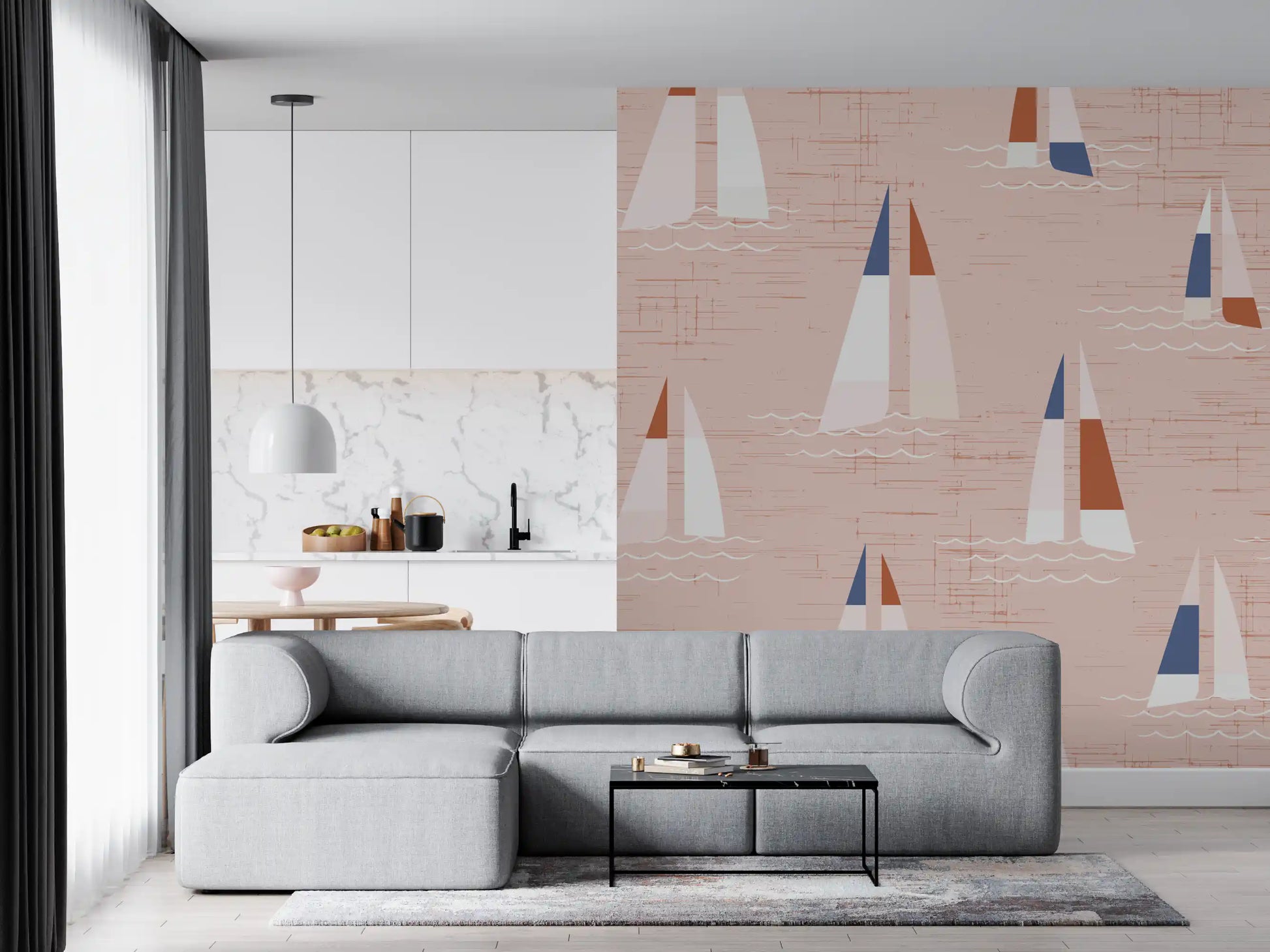 Compact boats with rust and navy sails float over a warm peach wall mural backdrop.