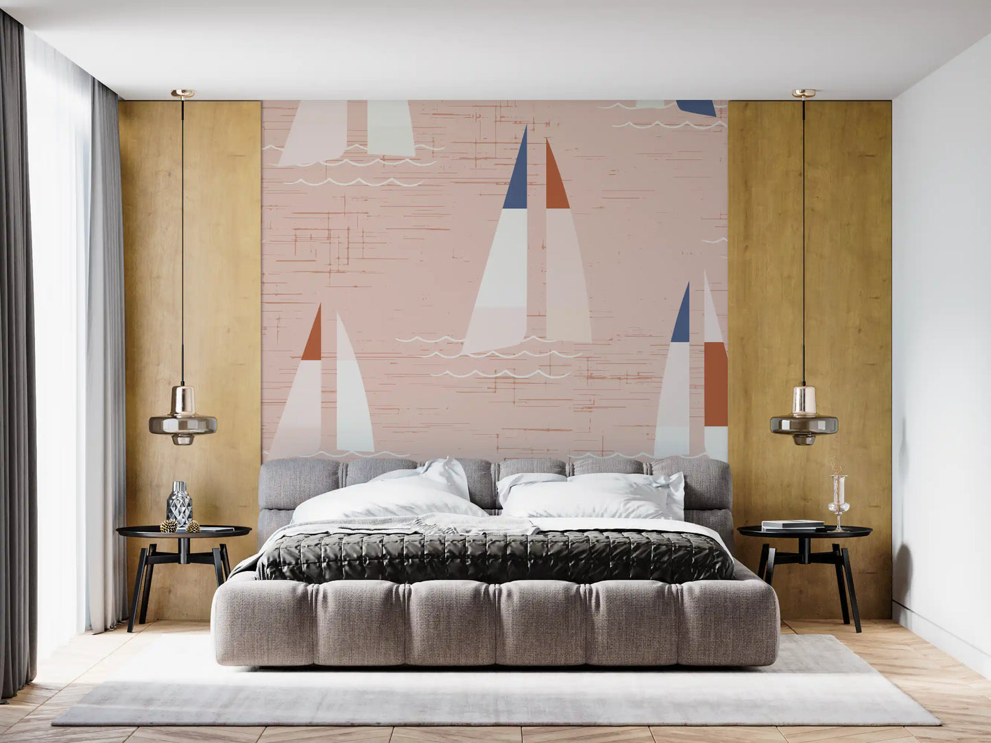 Burnt rust sails and thin white wave lines run between boats on the wall mural.