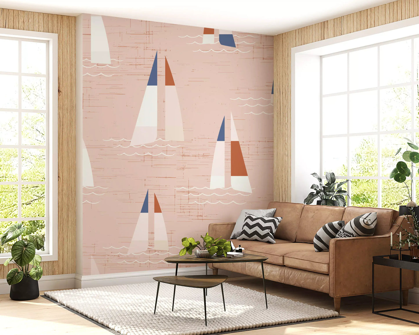 Mid Century Sailboats Warm Peach Coastal wall mural sits in a quiet lounge area