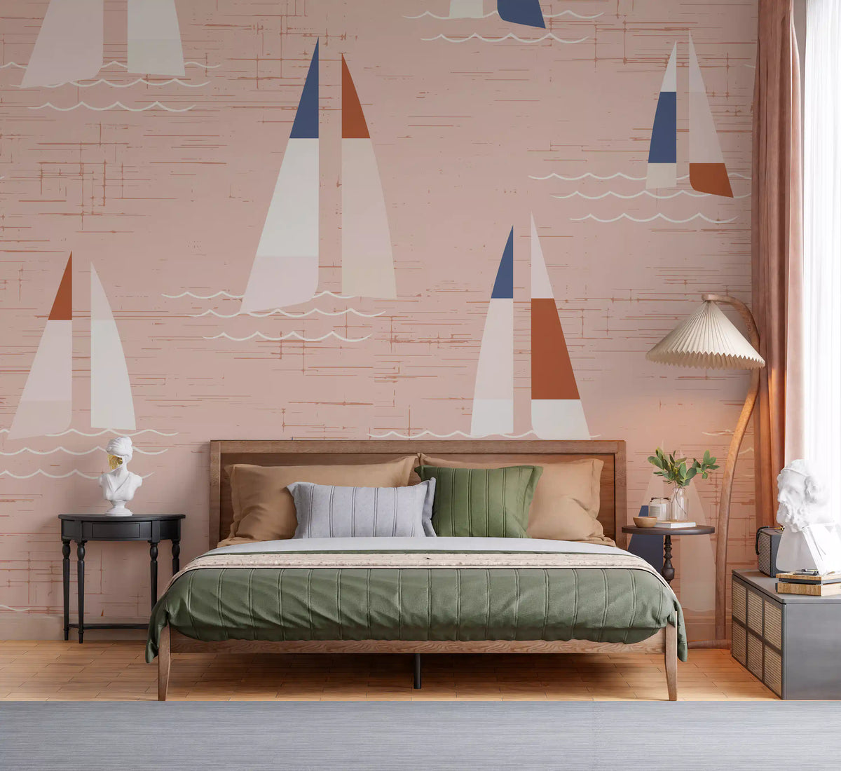 Peach skies and tiny boats sit behind a bedroom on the Mid Century Sailboats wall mural.