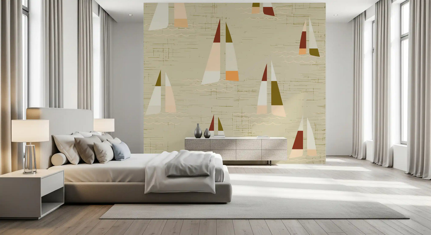 Linen-effect background pairs gentle ripples under the Sailboats wall mural.