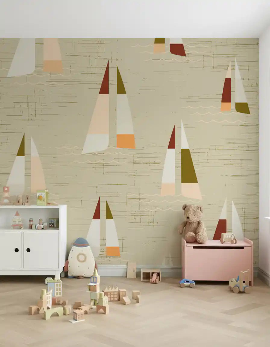 Relaxed daylight suits a Nursery paired with Mid Century Sailboats wall mural.