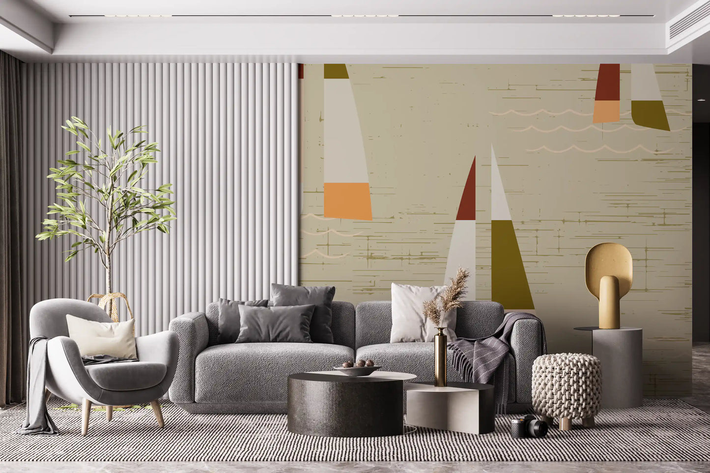 Triangular sails pair with a Living area in the Sailboats Coastal Cream wall mural.