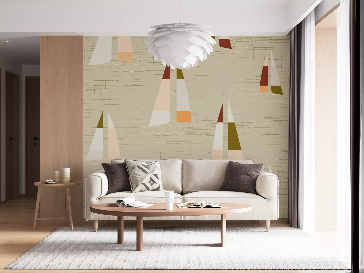 A quiet Living room finds focus through the Coastal Cream sailboat wall mural.