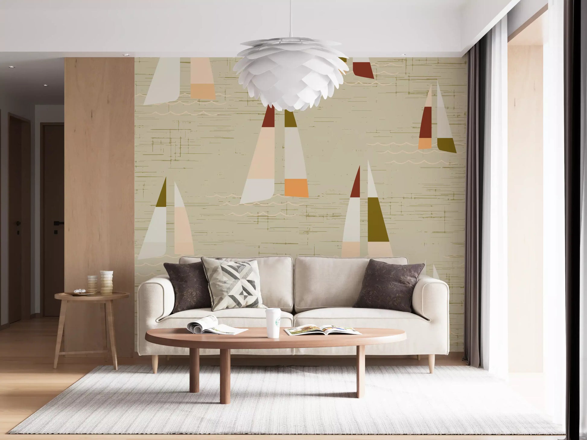 A quiet Living room finds focus through the Coastal Cream sailboat wall mural.
