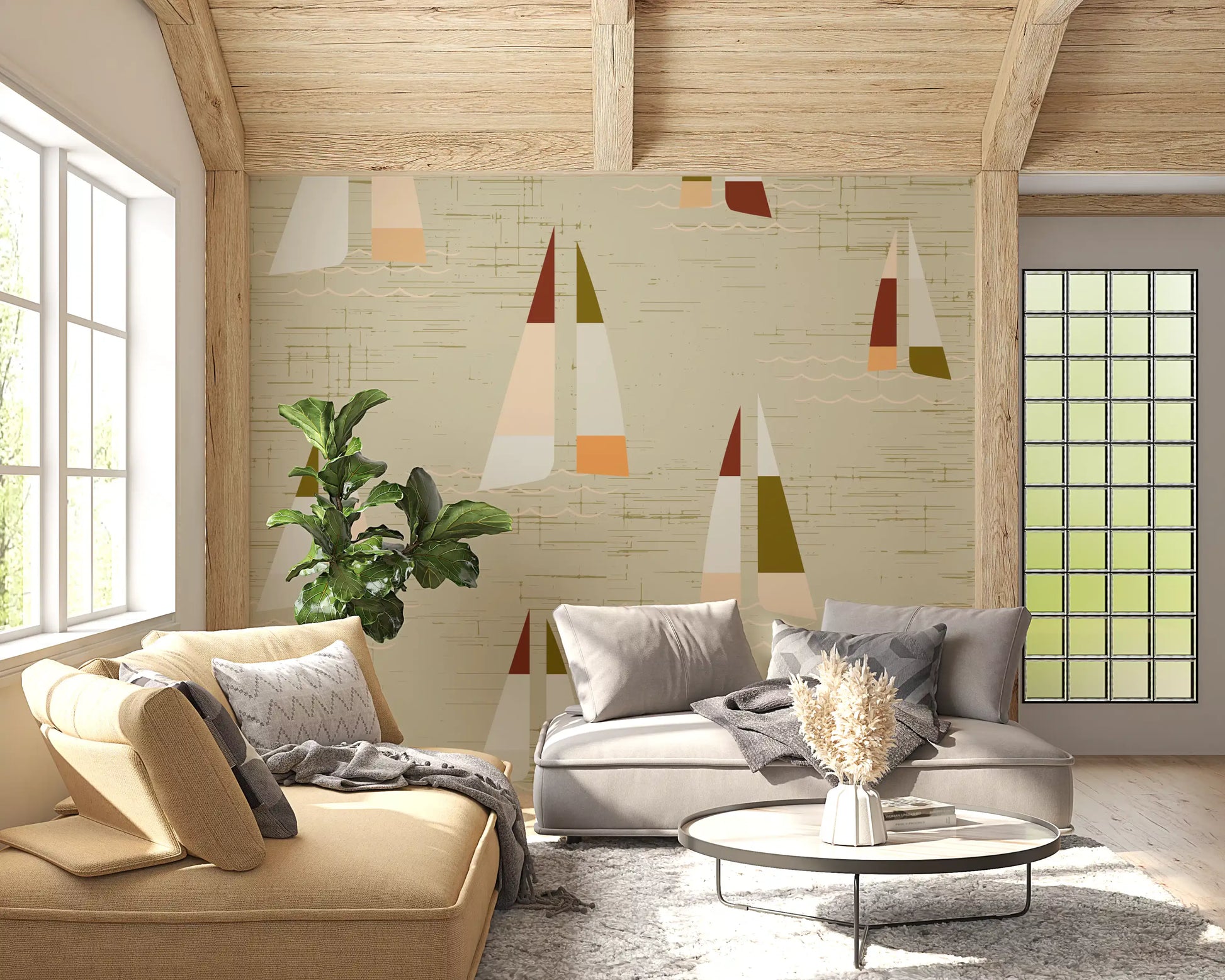 Faded maritime tones suit a hallway dressed in the Sailboats Coastal Cream wall mural.