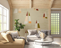 Faded maritime tones suit a hallway dressed in the Sailboats Coastal Cream wall mural.