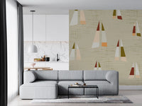 Olive, rust and peach sails ease into a lounge with the Coastal Cream wall mural.