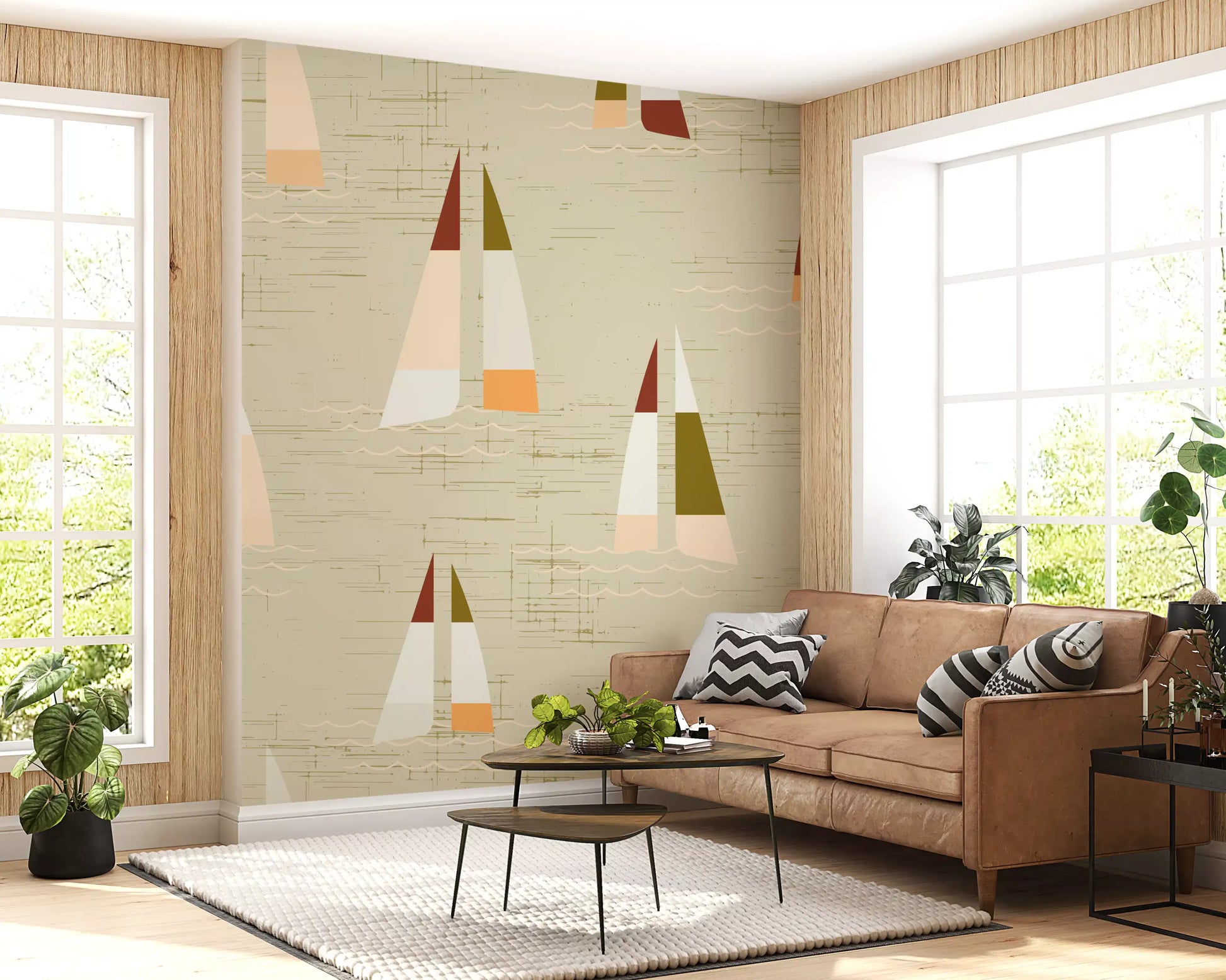 Quiet sailboat scatter spreads across a Living room in the Coastal Cream wall mural.