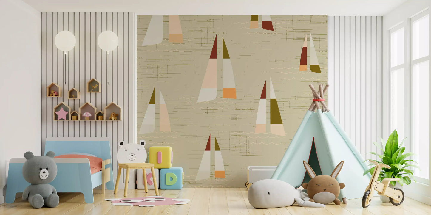 Ochre, terracotta and pale orange meet beige in the Sailboats Coastal Cream wall mural.