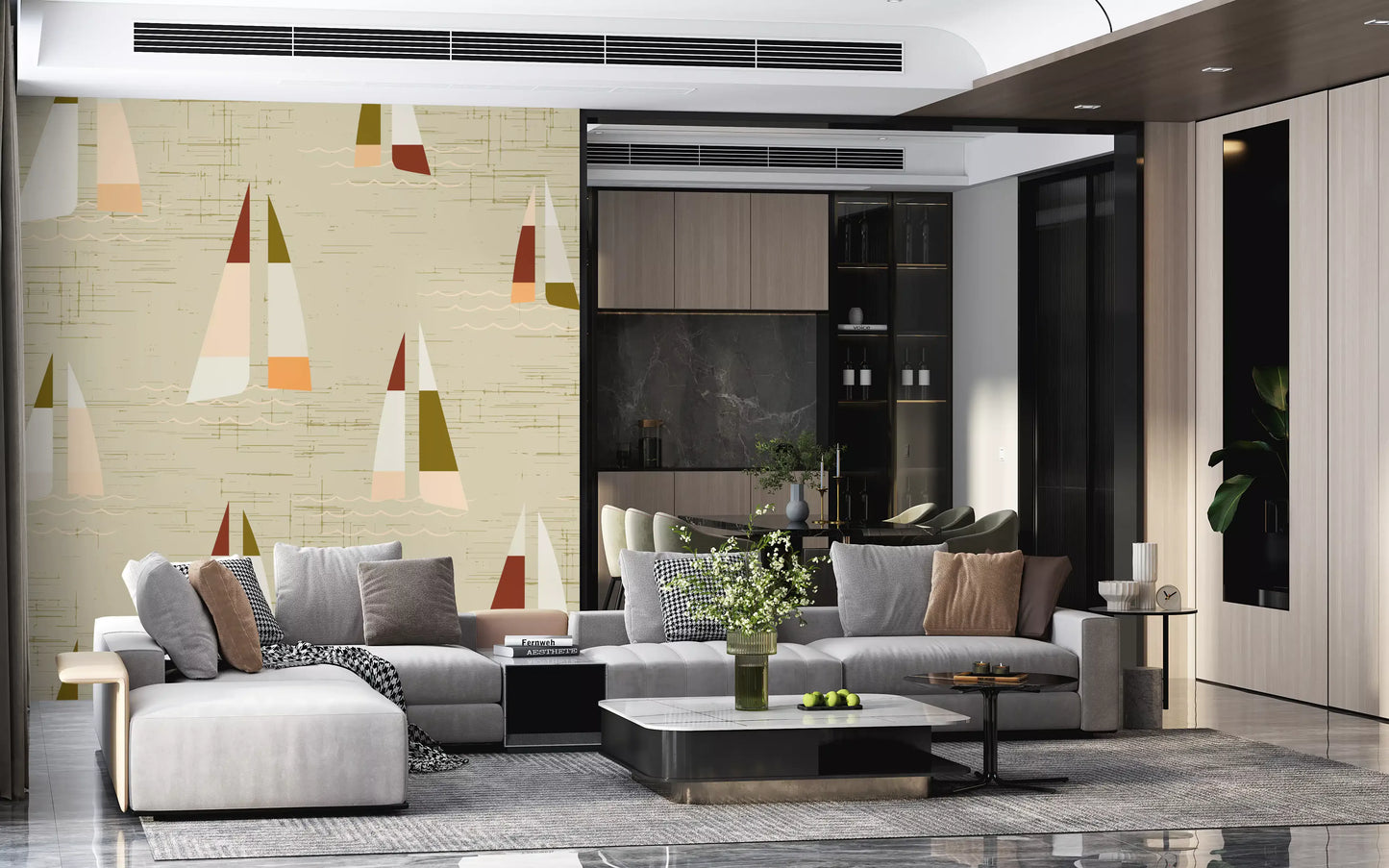 Mid Century Sailboats Coastal Cream wall mural mixes muted sails on warm beige.