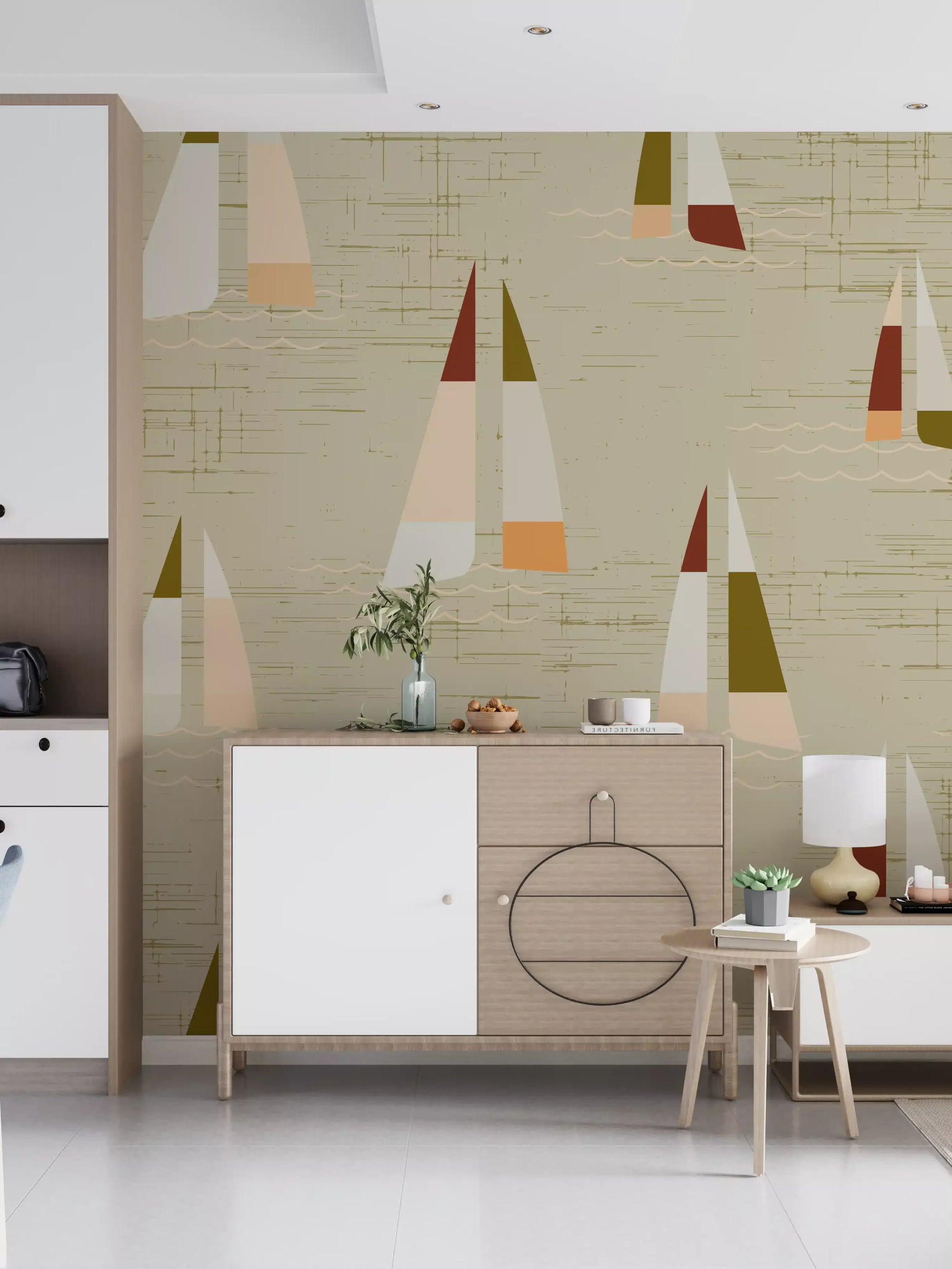 Tilted sails float over linen-effect beige in the Coastal Cream wall mural.