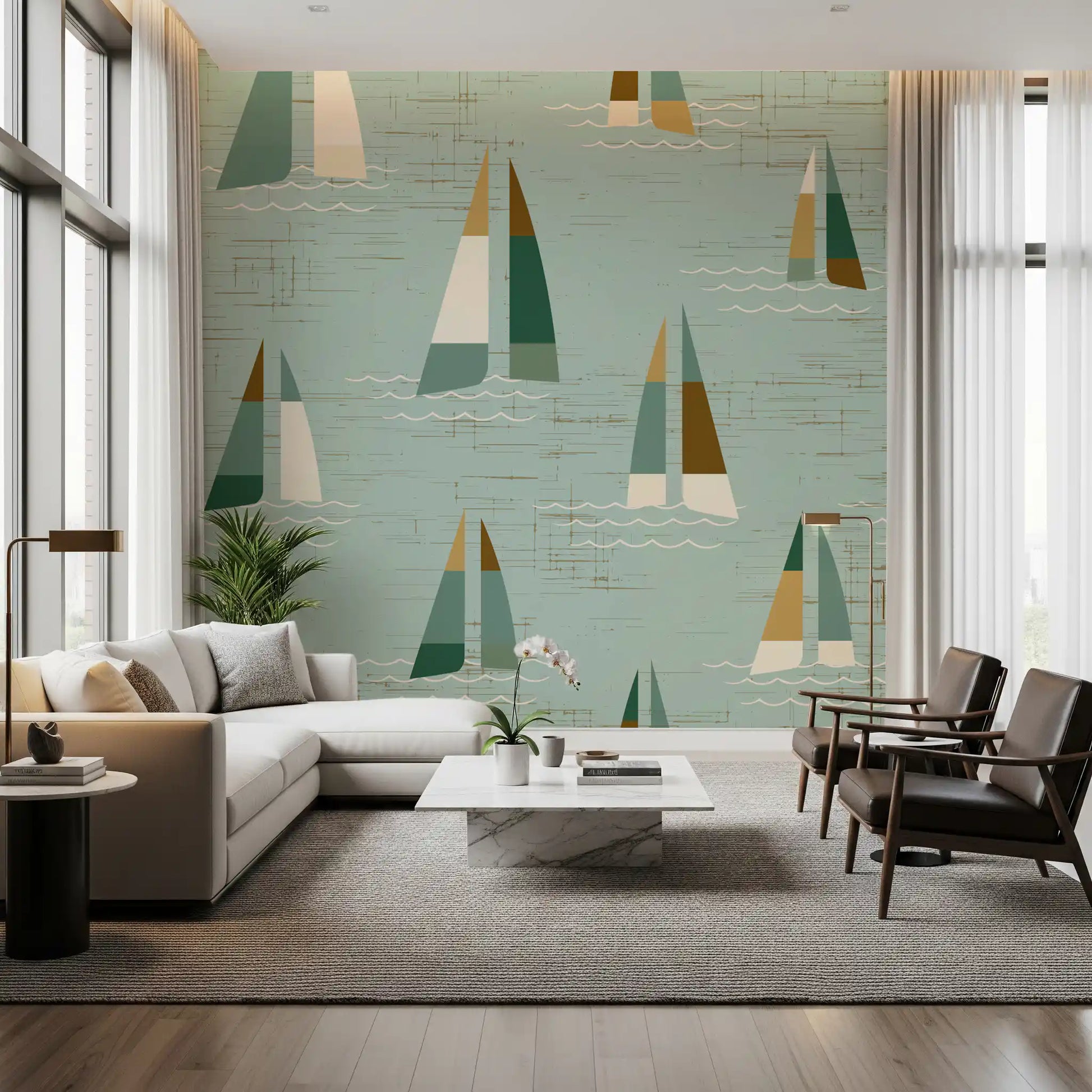 Triangular sails in pine, teal and warm brown ride a sage backdrop on this wall mural.