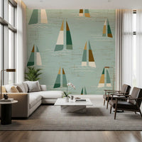 Triangular sails in pine, teal and warm brown ride a sage backdrop on this wall mural.