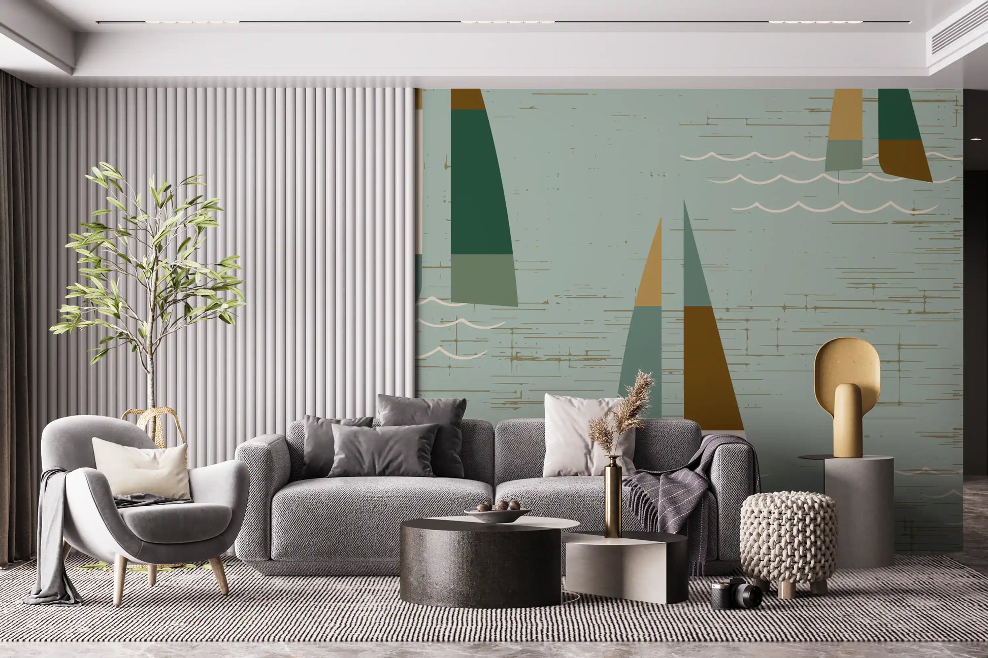 Maritime cream sails dot a lounge wall mural full of breezy mid-century rhythm.