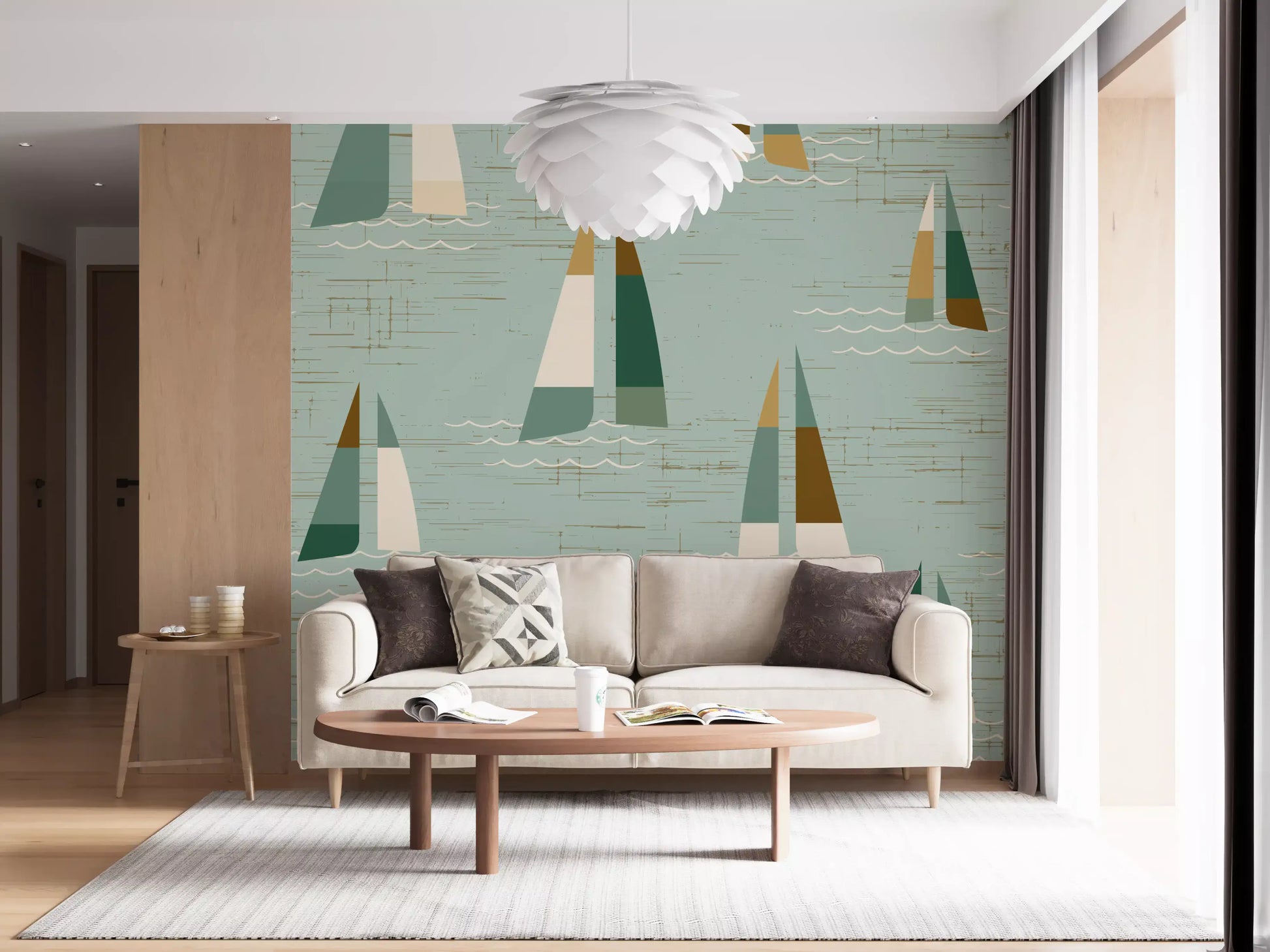 Pale sage sets the mood behind a Mid Century Sailboats wall mural in a quiet Living room.