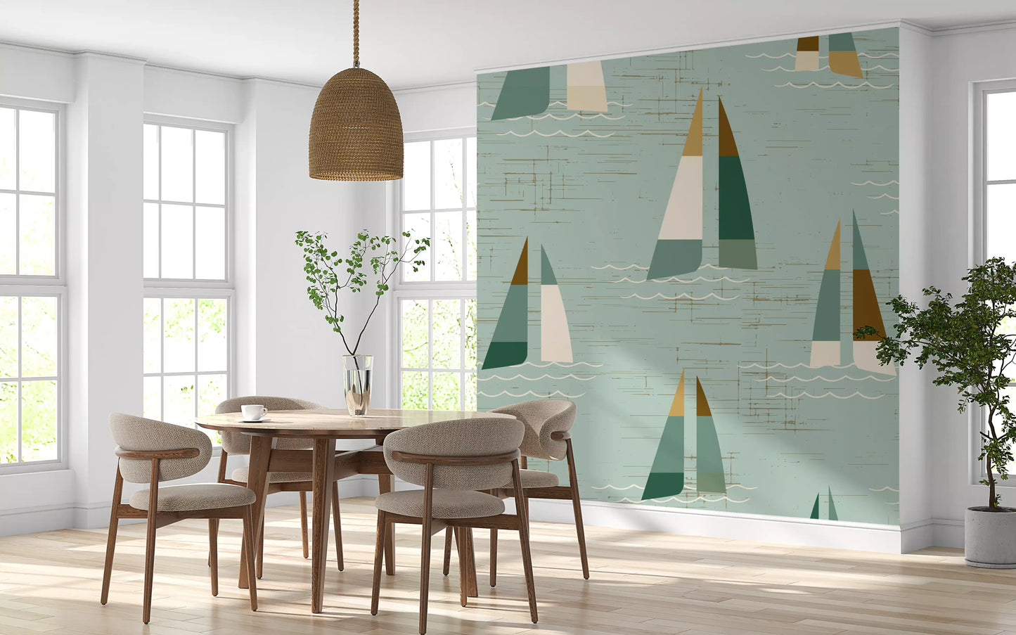 Sage backdrop and ochre-tipped sails balance through the wall mural's repeating layout.