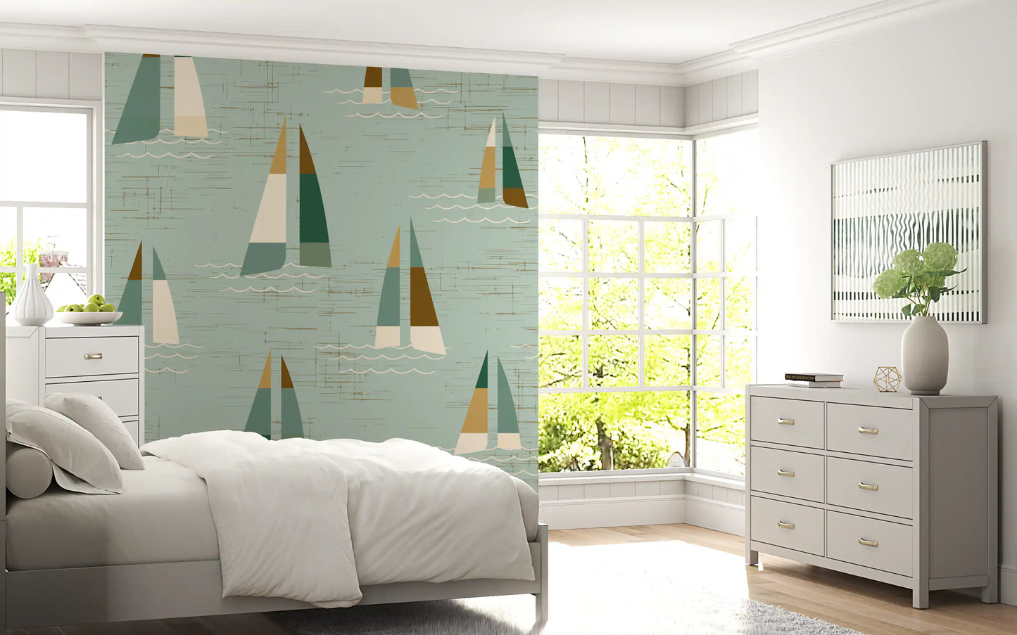 Split-sail greet visitors in an Bedroom wall mural where ochre meets faded sage.