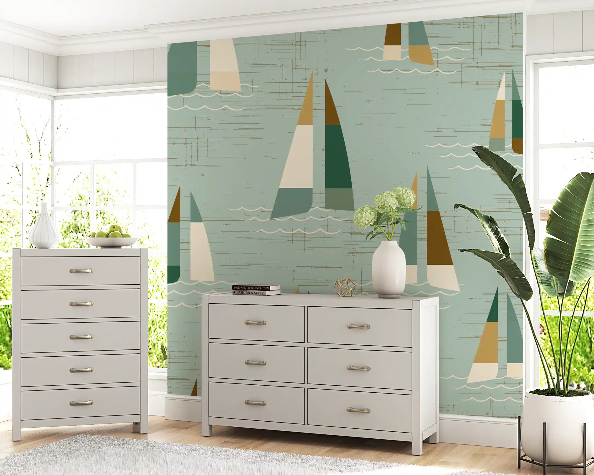 A coastal vintage mood lifts a home Living room with Mid Century Sailboats wall mural touches.