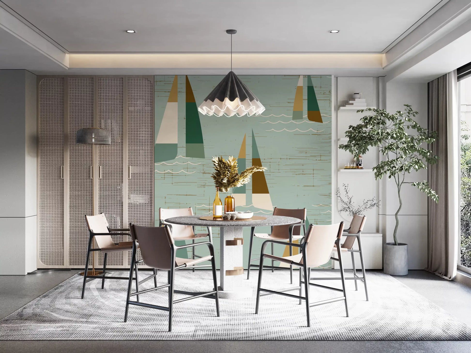 Mid Century Sailboats Coastal wall mural with geometric vessels in cream, ochre and teal.