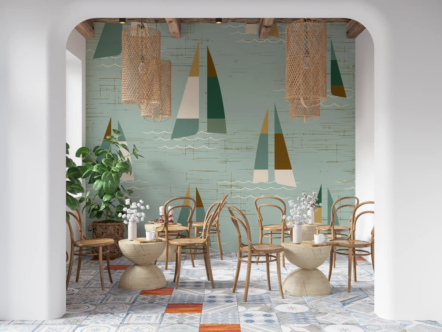 Fine wave lines twist between hulls on a Mid Century Sailboats Coastal wall mural.