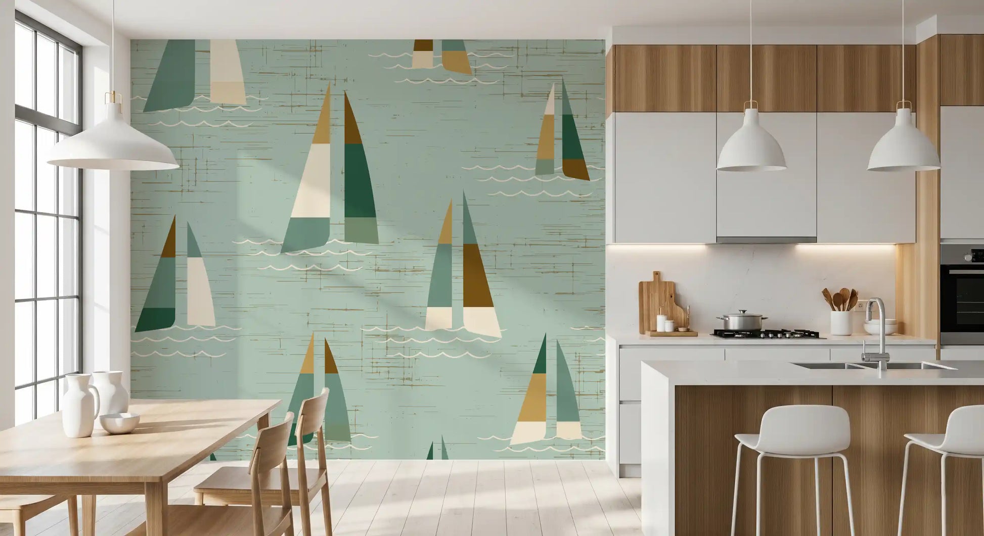Geometric hulls float over curling waves in a dining room wall mural of sage and pine.